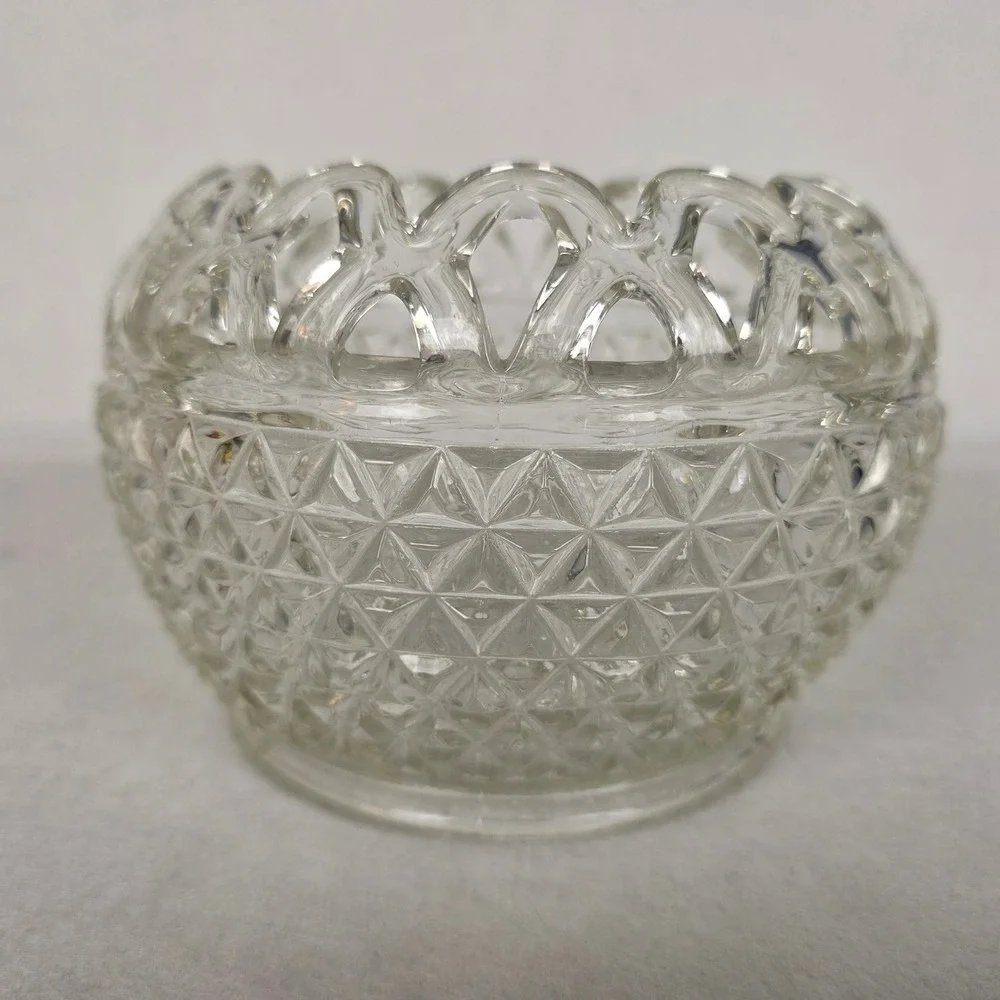 Vintage Clear Pressed Glass Rose Bowl Diamond Point Open Lace Scalloped Rim 4in
